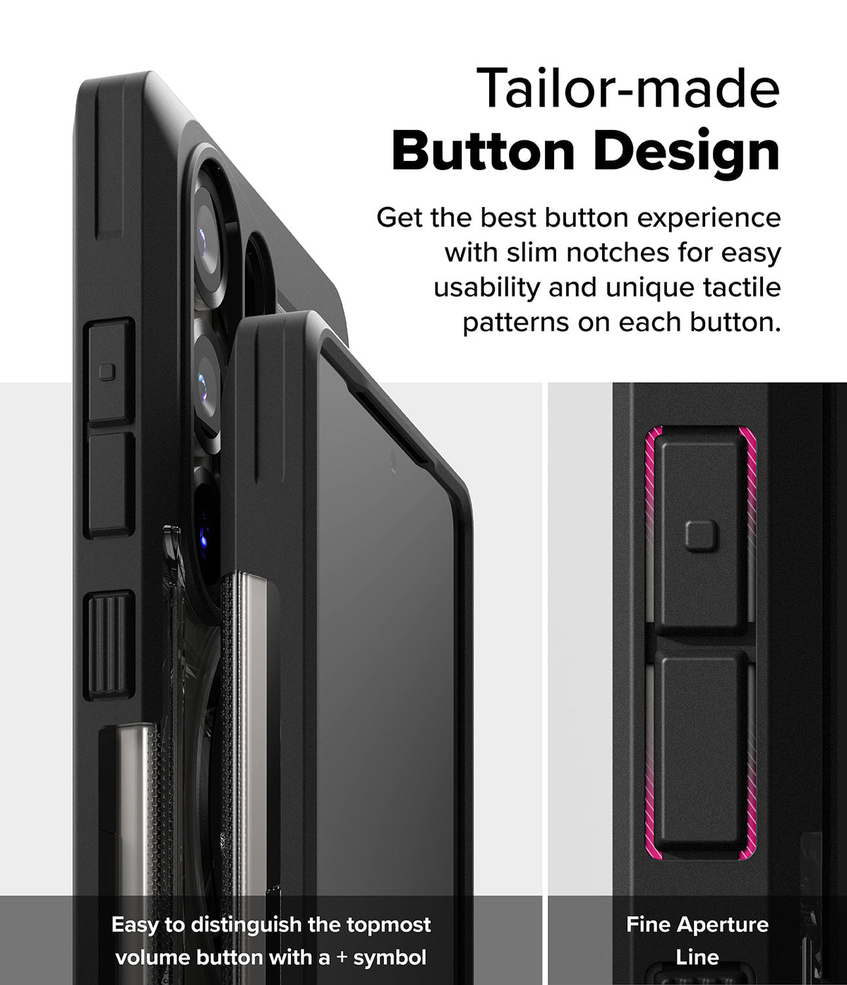 Galaxy S25 Ultra Case | UX Magnetic - Close-up of phone case buttons with tactile patterns and slim aperture lines.