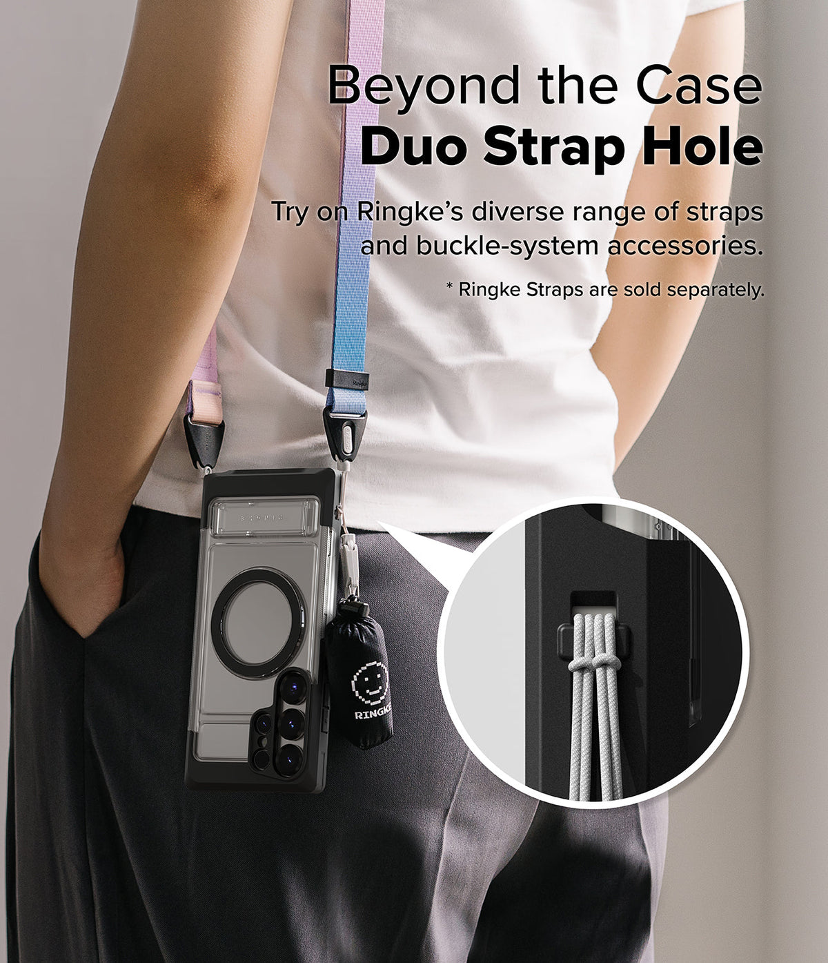 Galaxy S25 Ultra Case | UX Magnetic - Person wearing a phone case with a colorful dual-strap system and a close-up of the strap hole.