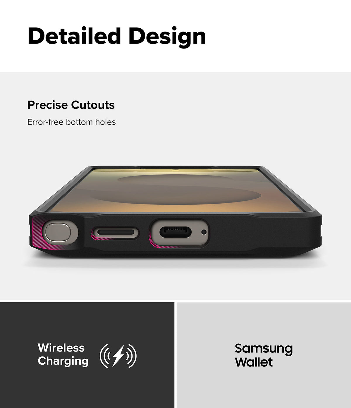 Galaxy S25 Ultra Case | UX Magnetic - Close-up of phone case bottom showing precise cutouts for charging and stylus.