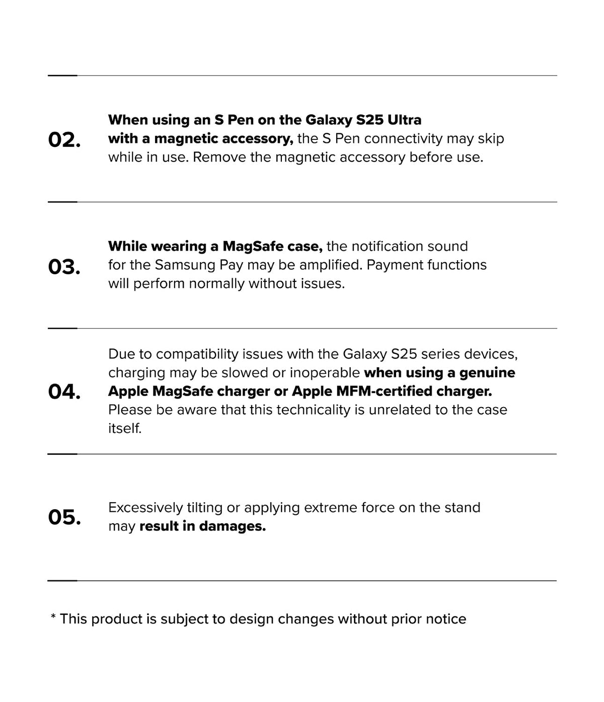 Galaxy S25 Ultra Case | UX Magnetic - Informational text listing four usage warnings for the magnetic phone case.