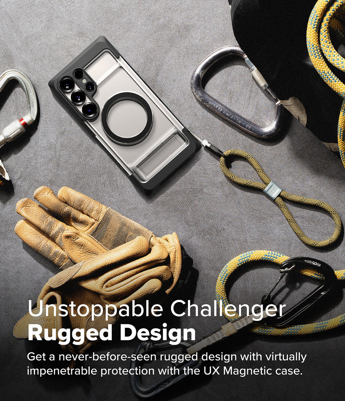 Galaxy S25 Ultra Case | UX Magnetic - Clear phone case with magnetic ring and kickstand, surrounded by climbing gear.