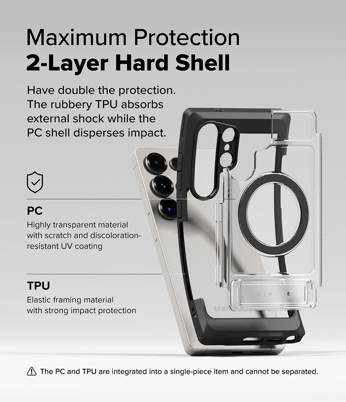 Galaxy S25 Ultra Case | UX Magnetic - Exploded view of a two-layer phone case with a clear PC shell and black TPU frame.
