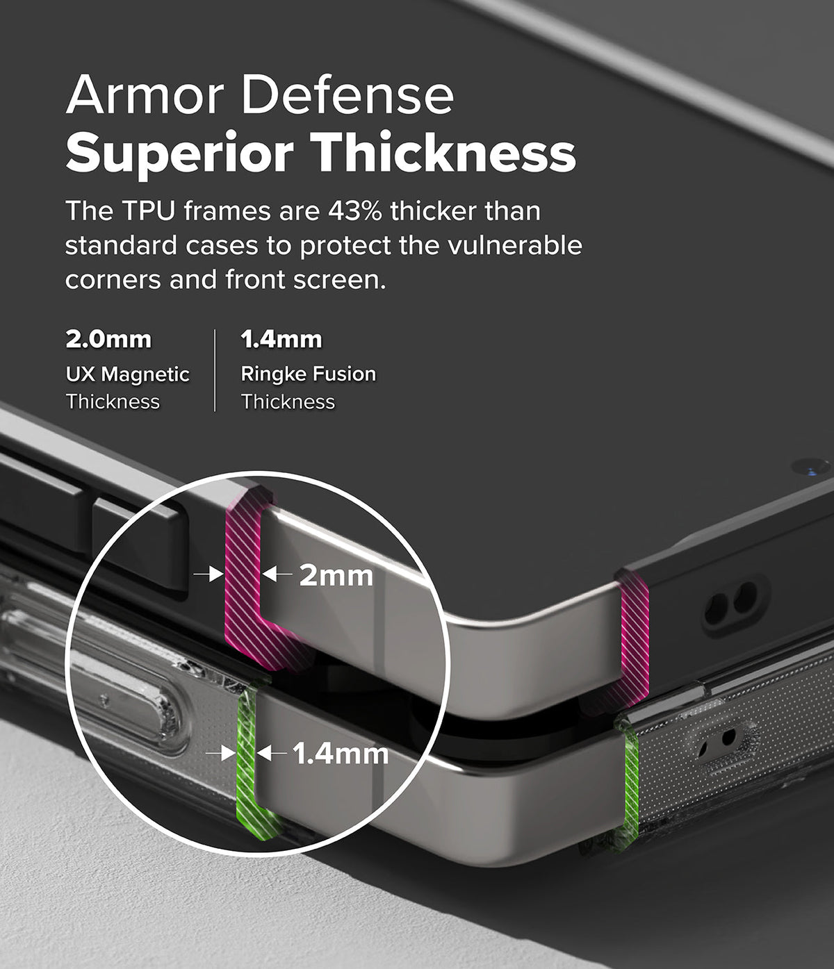 Galaxy S25 Ultra Case | UX Magnetic - Comparison showing 2.0mm UX Magnetic case frame vs 1.4mm standard case thickness.