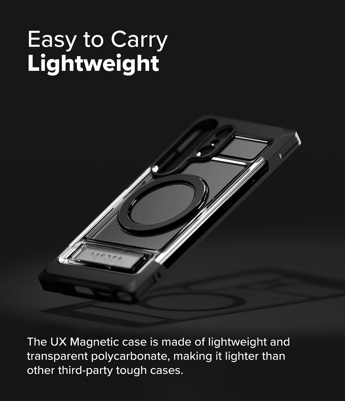 Galaxy S25 Ultra Case | UX Magnetic - Transparent magnetic phone case with a black frame and integrated kickstand.