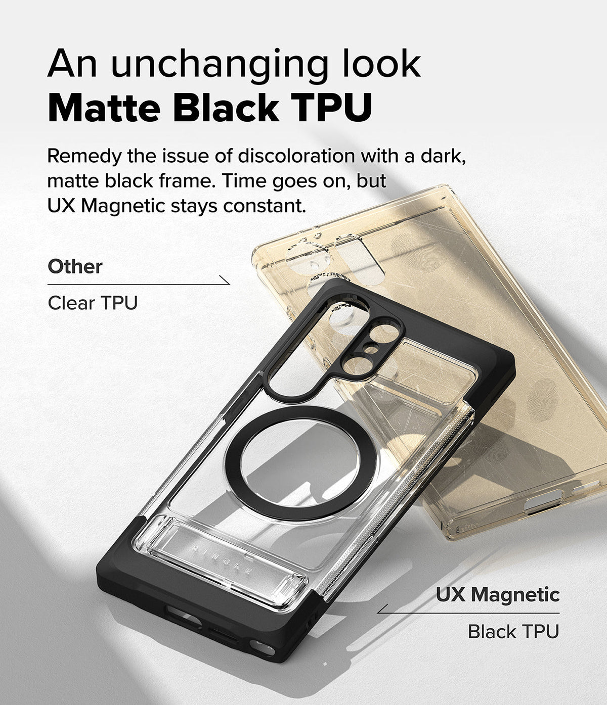 Galaxy S25 Ultra Case | UX Magnetic - A clear phone case with a matte black frame compared against a yellowed clear case.