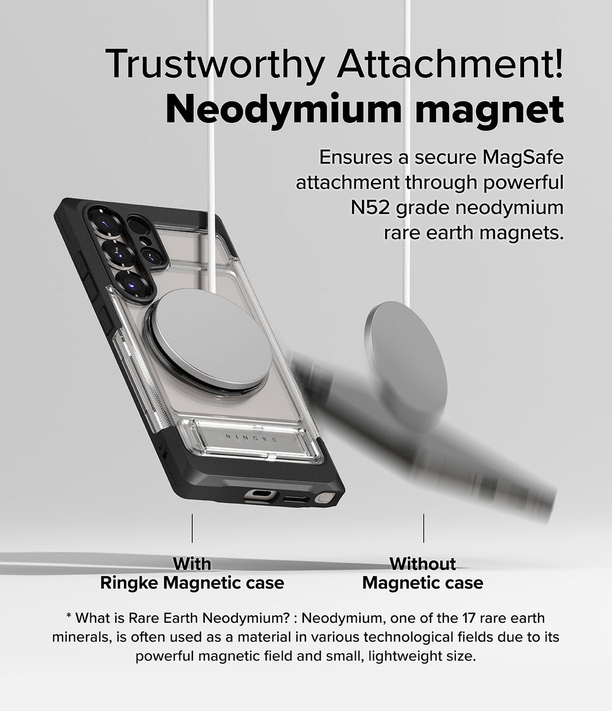 Galaxy S25 Ultra Case | UX Magnetic - A magnetic disc sticks to a Ringke phone case while falling off a plain surface.