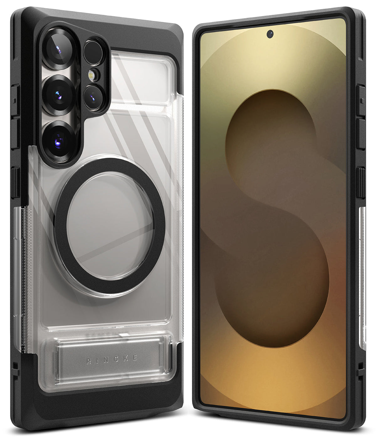 Galaxy S25 Ultra Case | UX Magnetic - Clear phone case with black magnetic ring and stand on a Galaxy S25 Ultra.