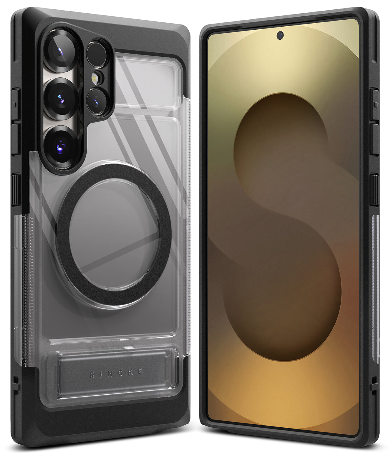 Galaxy S25 Ultra Case | UX Magnetic - Clear case with black magnetic ring and frame shown from front and back views.