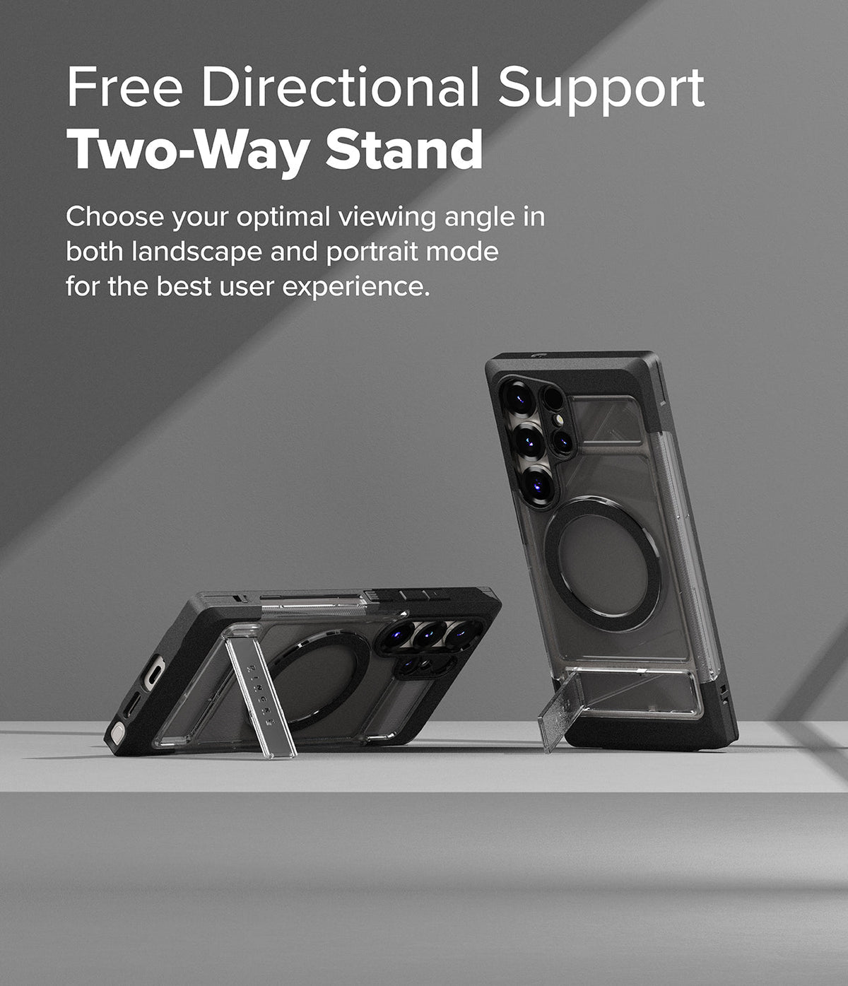Galaxy S25 Ultra Case | UX Magnetic - Two phone cases with integrated stands shown in landscape and portrait modes.