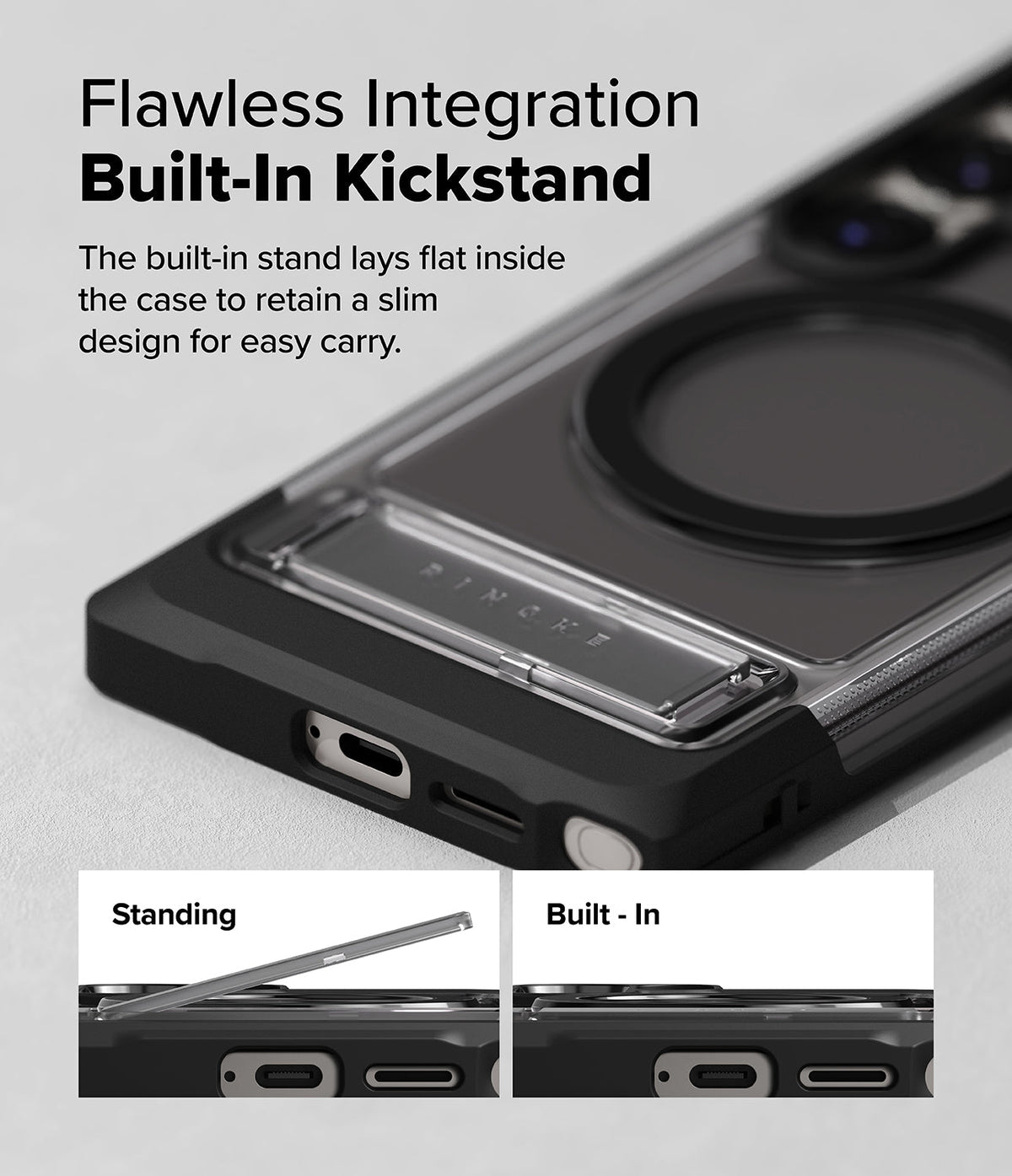 Galaxy S25 Ultra Case | UX Magnetic - Close-up of a phone case with a flat, integrated kickstand and magnetic ring.