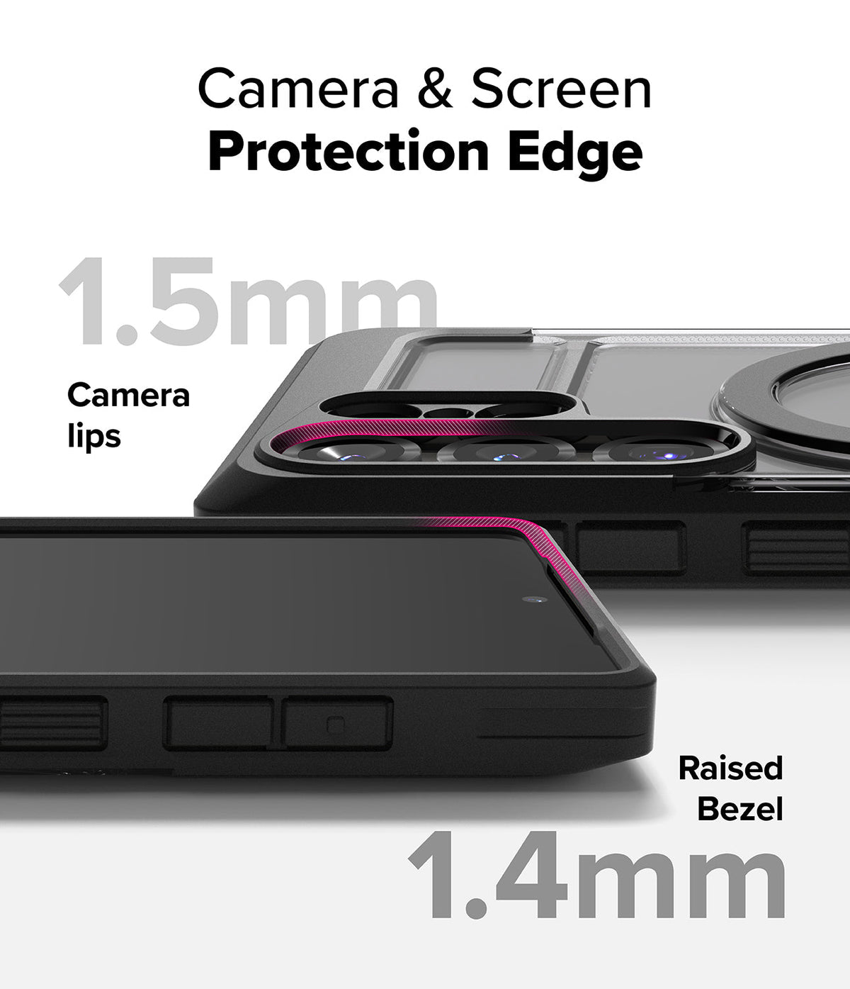 Galaxy S25 Ultra Case | UX Magnetic - Close-up showing 1.5mm camera lips and 1.4mm raised screen bezel for protection.
