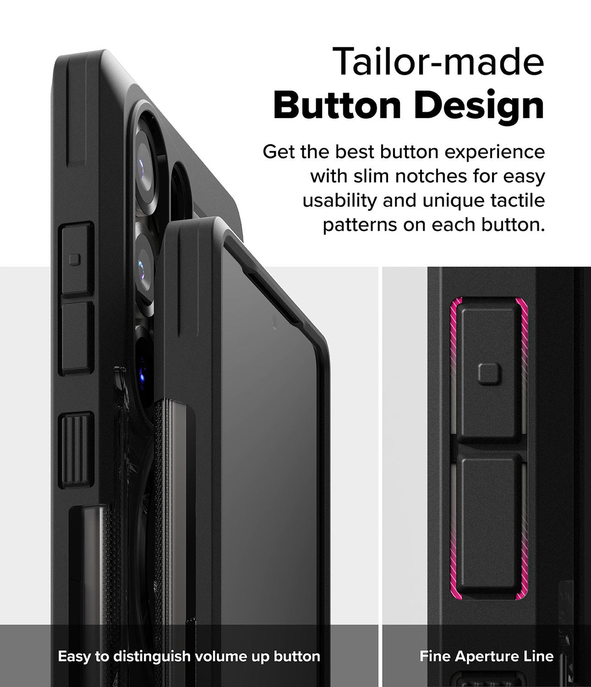 Galaxy S25 Ultra Case | UX Magnetic - Close-up of phone case buttons with tactile patterns and slim notches for usability.