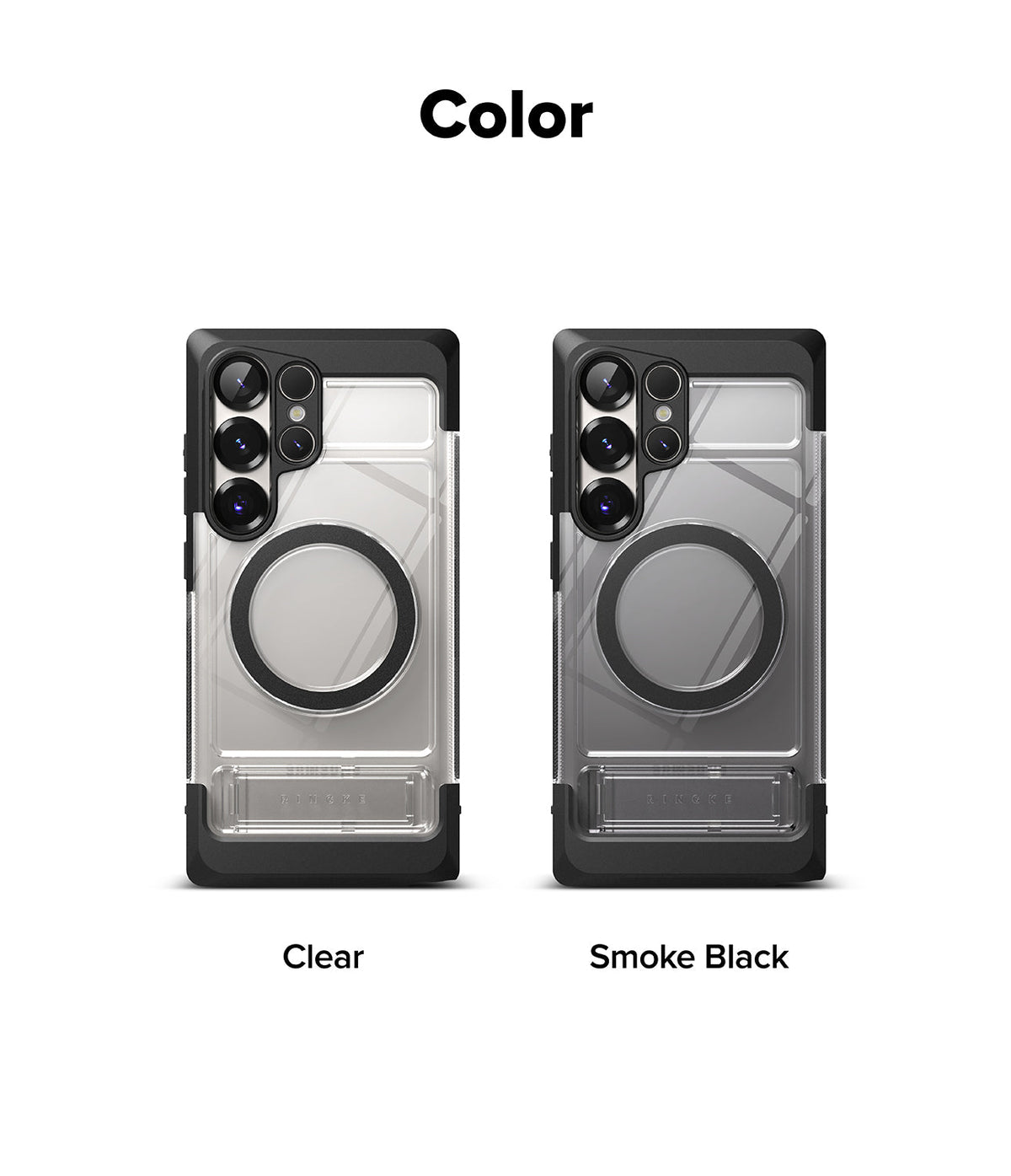Galaxy S25 Ultra Case | UX Magnetic - Two magnetic phone cases in clear and smoke black with integrated kickstands.