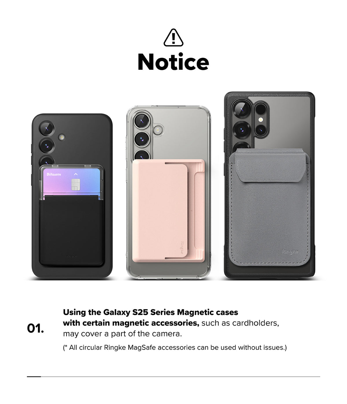 Galaxy S25 Ultra Case | UX Magnetic - Three phones with magnetic cardholders showing potential camera obstruction.