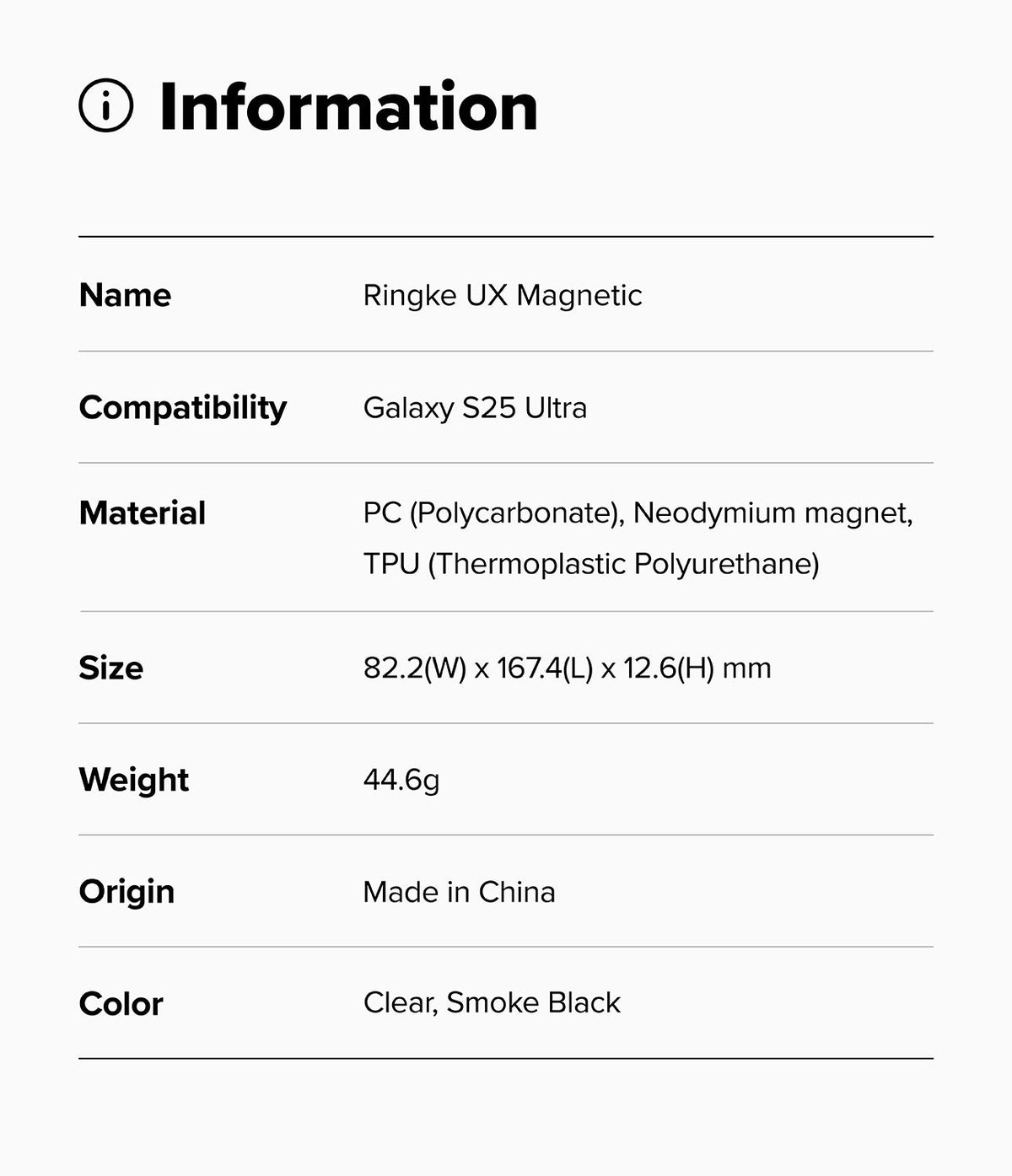 Galaxy S25 Ultra Case | UX Magnetic - Information table listing product name, compatibility, materials, size, weight, and color.