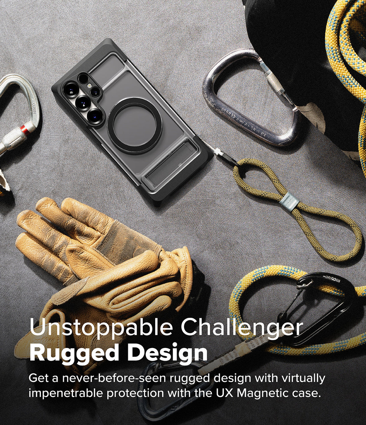 Galaxy S25 Ultra Case | UX Magnetic - Rugged phone case with magnetic ring and kickstand, surrounded by climbing gear.