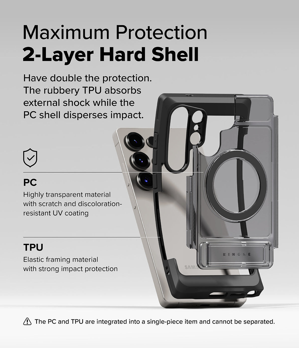 Galaxy S25 Ultra Case | UX Magnetic - Exploded view showing the phone case's dual-layer PC and TPU construction.