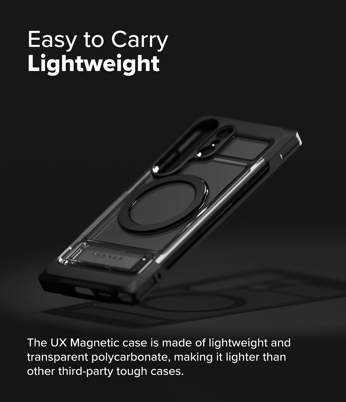 Galaxy S25 Ultra Case | UX Magnetic - A sleek, transparent black magnetic phone case floating against a dark background.