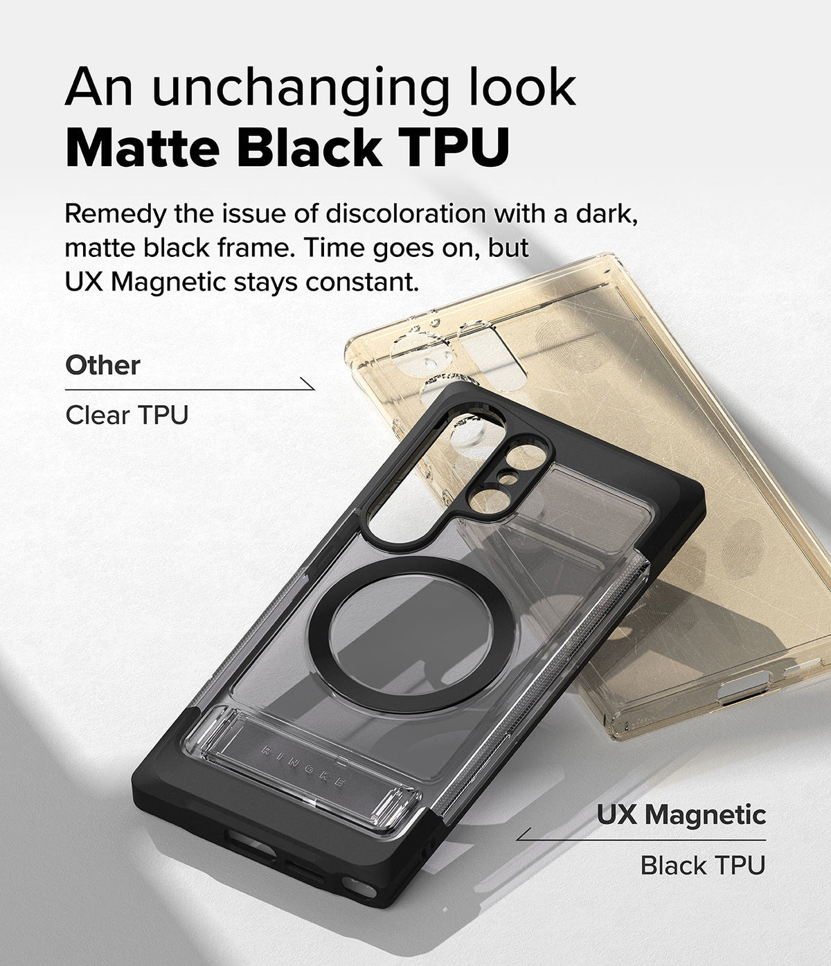 Galaxy S25 Ultra Case | UX Magnetic - Comparison of a yellowed clear case and a pristine matte black magnetic case.