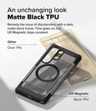 Galaxy S25 Ultra Case | UX Magnetic - Comparison of a yellowed clear case and a pristine matte black magnetic case.