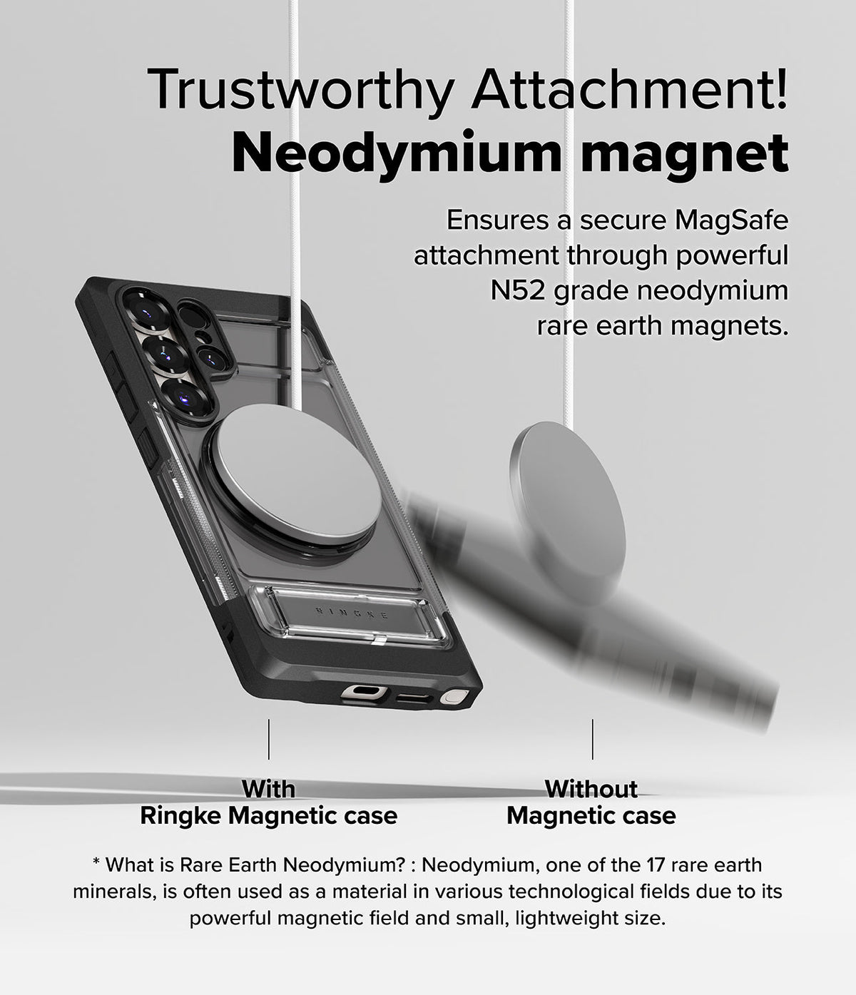 Galaxy S25 Ultra Case | UX Magnetic - Comparison showing a magnetic case securely holding a disc versus one falling off.