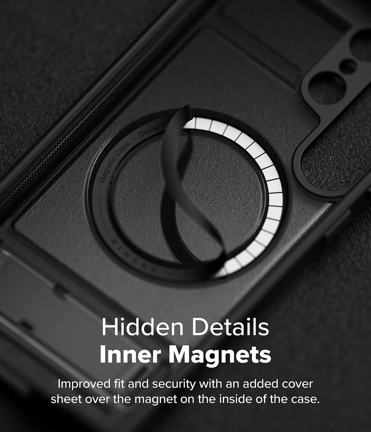 Galaxy S25 Ultra Case | UX Magnetic - Close-up of black phone case interior showing a circular magnetic ring with a partial cover sheet.