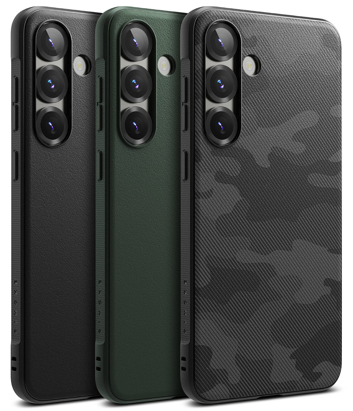 Galaxy S25 Plus Case | Onyx - Three Galaxy S25 Plus phone cases in black, dark green, and black camo textures.