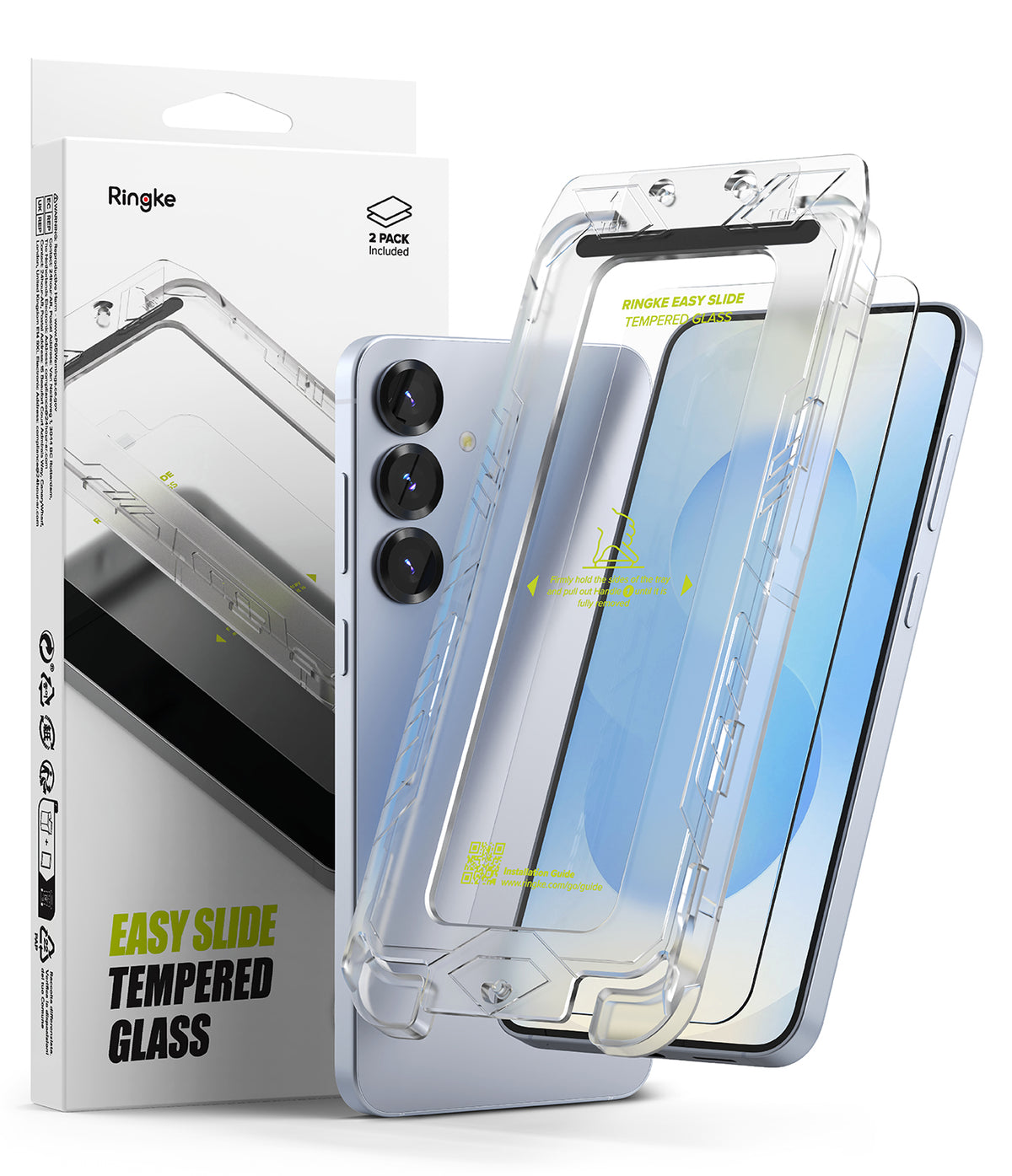 Galaxy S25 Screen Protector | Easy Slide Tempered Glass - Galaxy S25 Screen Protector - Ringke Easy Slide tempered glass installation kit with smartphone and retail packaging.