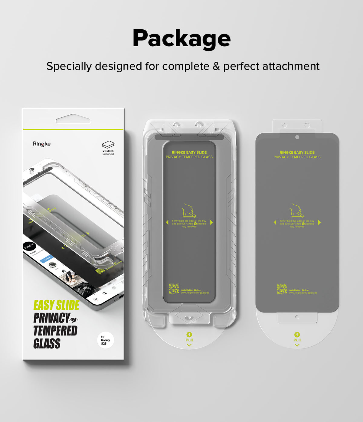 Galaxy S25 Screen Protector | Easy Slide Privacy Tempered Glass - Galaxy S25 Screen Protector - Retail box and two Easy Slide privacy tempered glass installation trays with pull tabs.