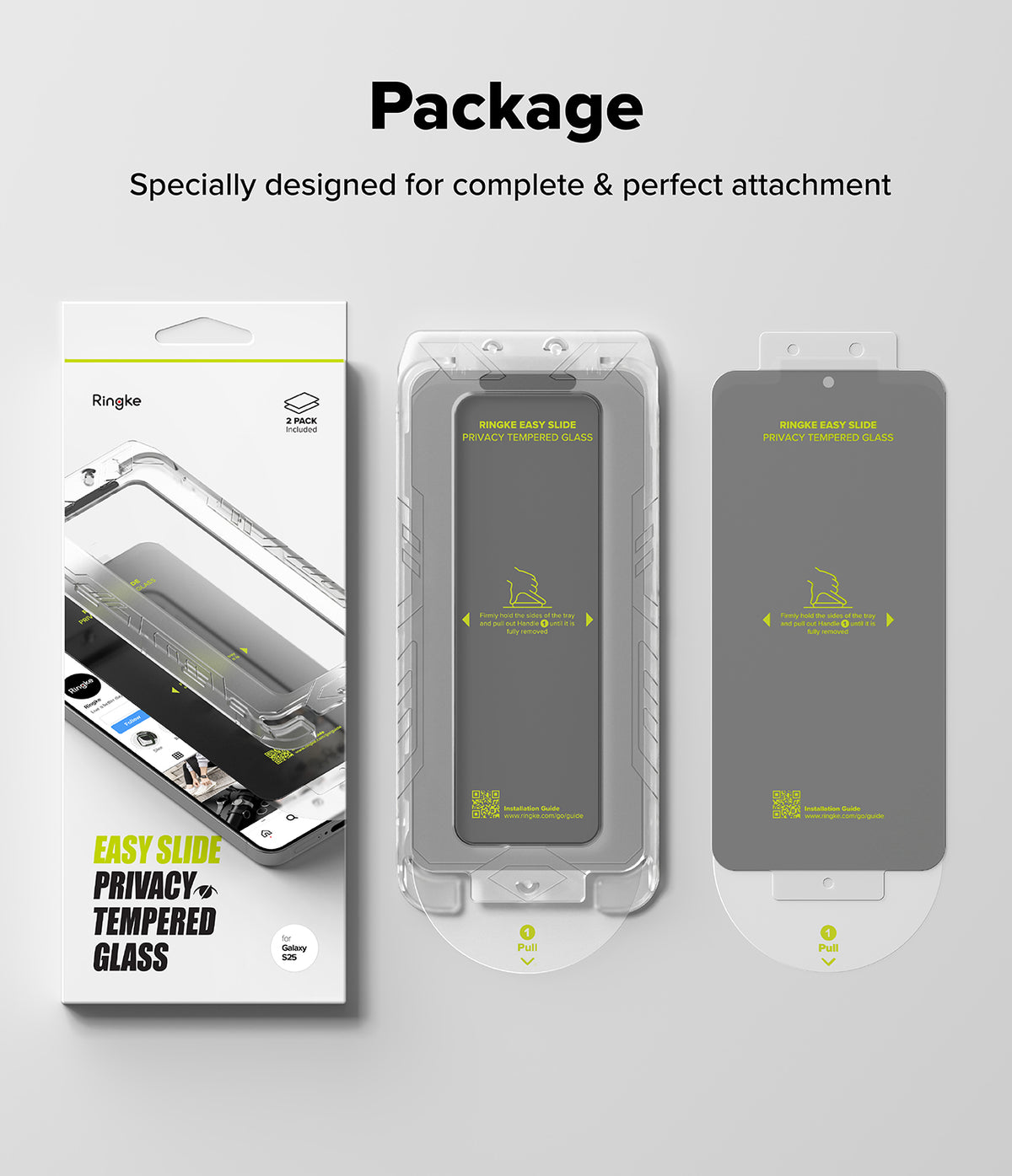 [Bundle] Galaxy S25 | Silicone Magnetic - Retail box and two Easy Slide privacy tempered glass screen protectors.