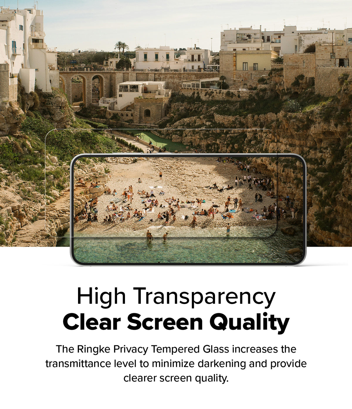 Galaxy S25 Screen Protector | Easy Slide Privacy Tempered Glass - Galaxy S25 Screen Protector - Smartphone displaying a clear beach scene through a high-transparency privacy glass screen.