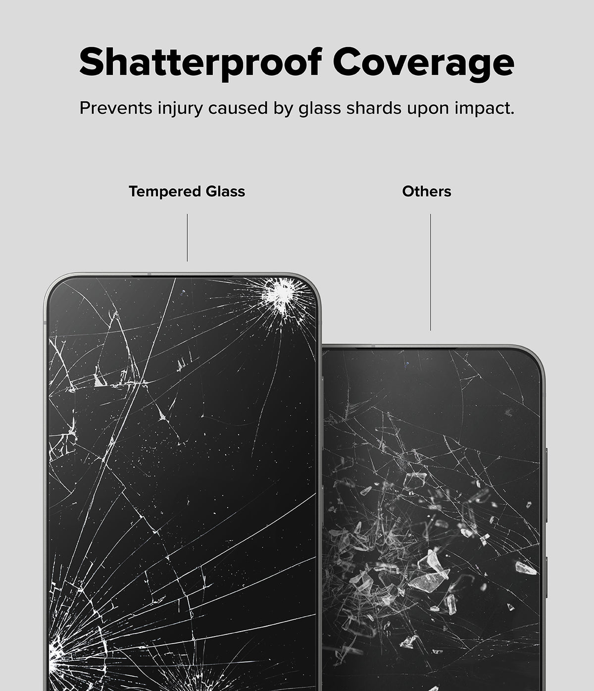 Galaxy S25 Screen Protector | Easy Slide Tempered Glass - Galaxy S25 Screen Protector - Comparison showing tempered glass with fine cracks versus others with loose glass shards.