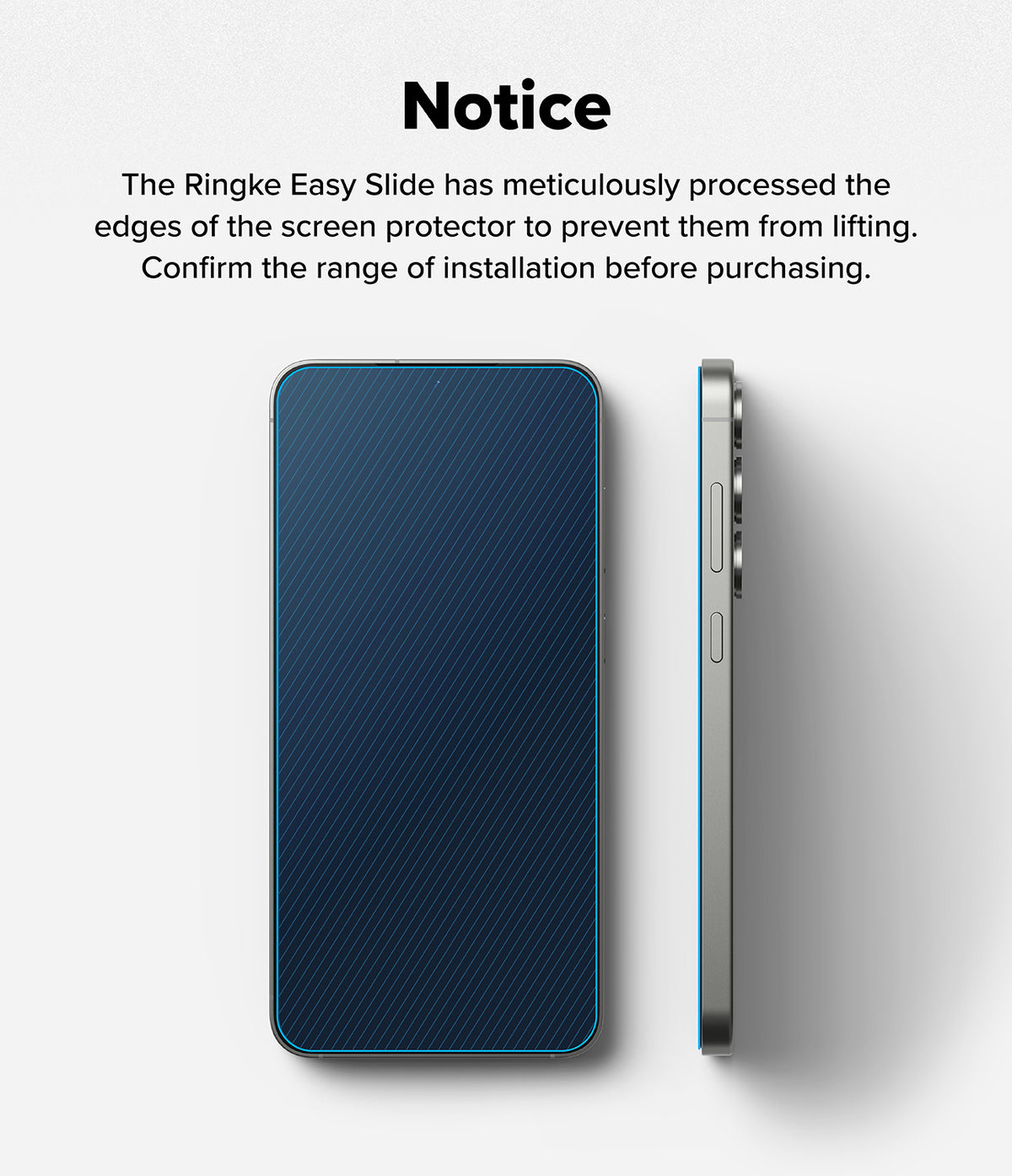 Galaxy S25 Screen Protector | Easy Slide Tempered Glass - Galaxy S25 Screen Protector - Front and side views of a smartphone with a blue-outlined screen protector applied.