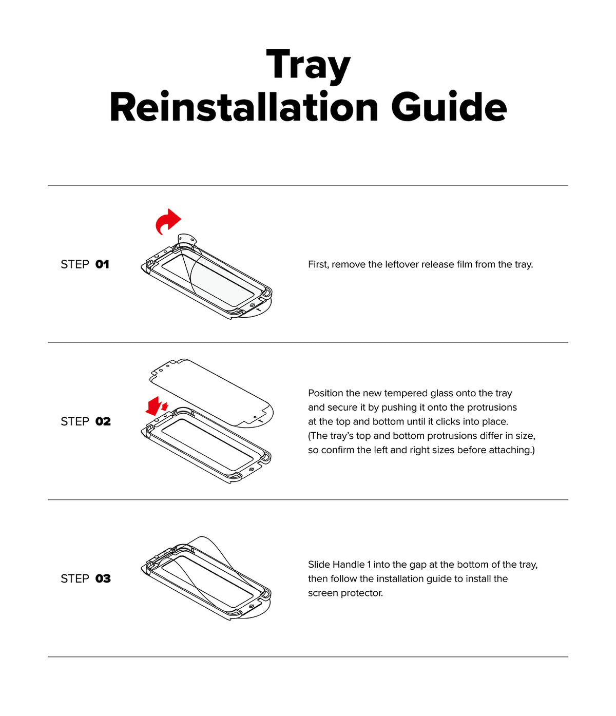 Galaxy S25 Screen Protector | Easy Slide Tempered Glass - Galaxy S25 Screen Protector - Three-step instructional diagram showing how to reinstall tempered glass into an alignment tray.