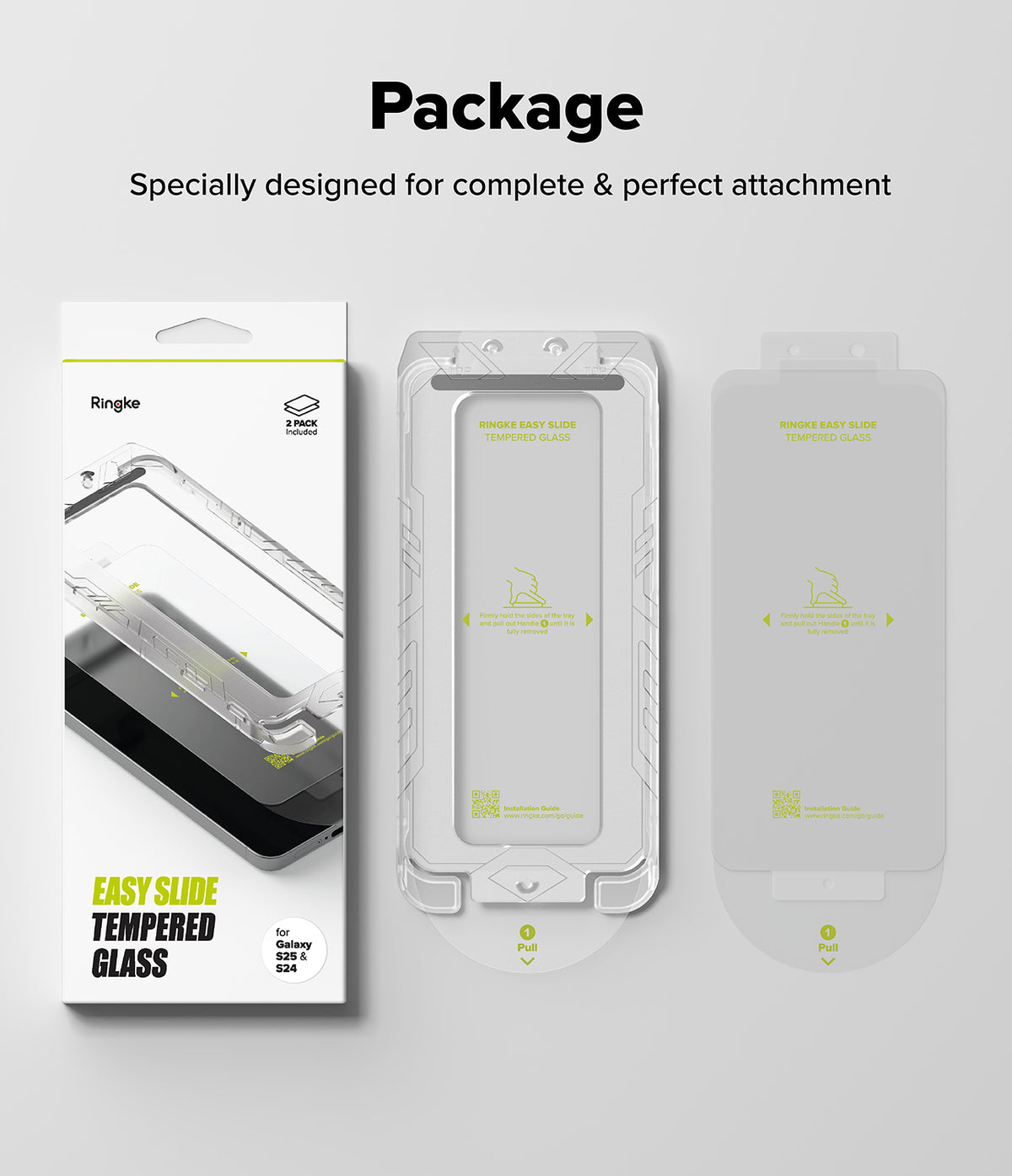 Galaxy S25 Screen Protector | Easy Slide Tempered Glass - Retail box, installation tray, and screen protector film.