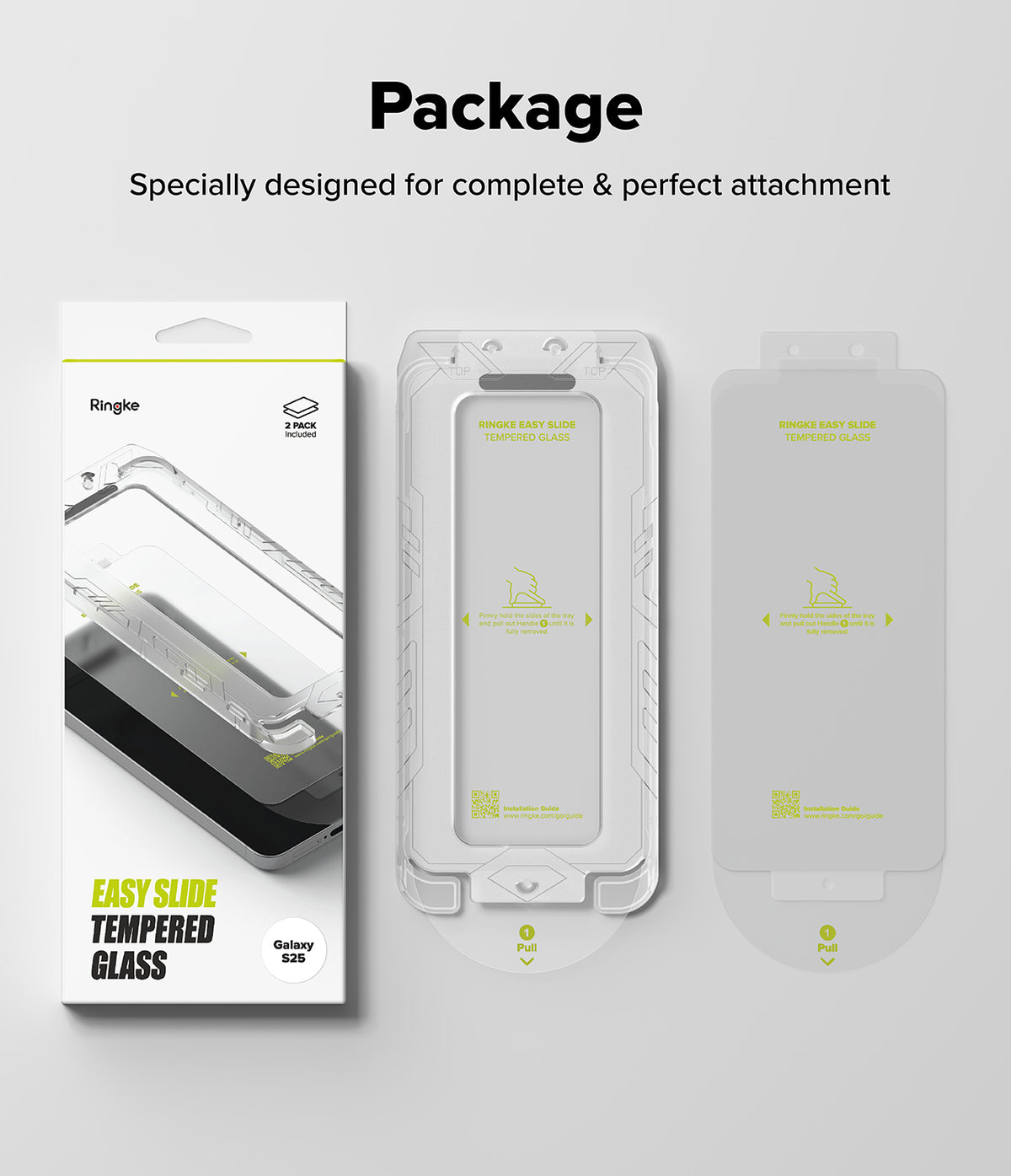 [Bundle] Galaxy S25 | Onyx Magnetic - Ringke Easy Slide tempered glass screen protector packaging and two installation trays.