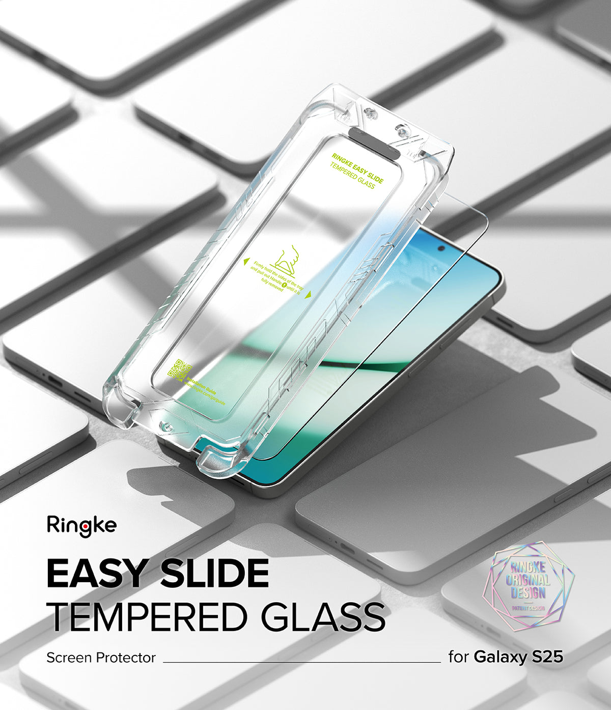 [Bundle] Galaxy S25 | Silicone Magnetic - Clear installation tray hovering over a Galaxy S25 screen protector.