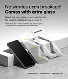 Galaxy S25 Screen Protector | Easy Slide Tempered Glass - Galaxy S25 Screen Protector - A smartphone, two tempered glass protectors, and an installation tray on a gray surface.