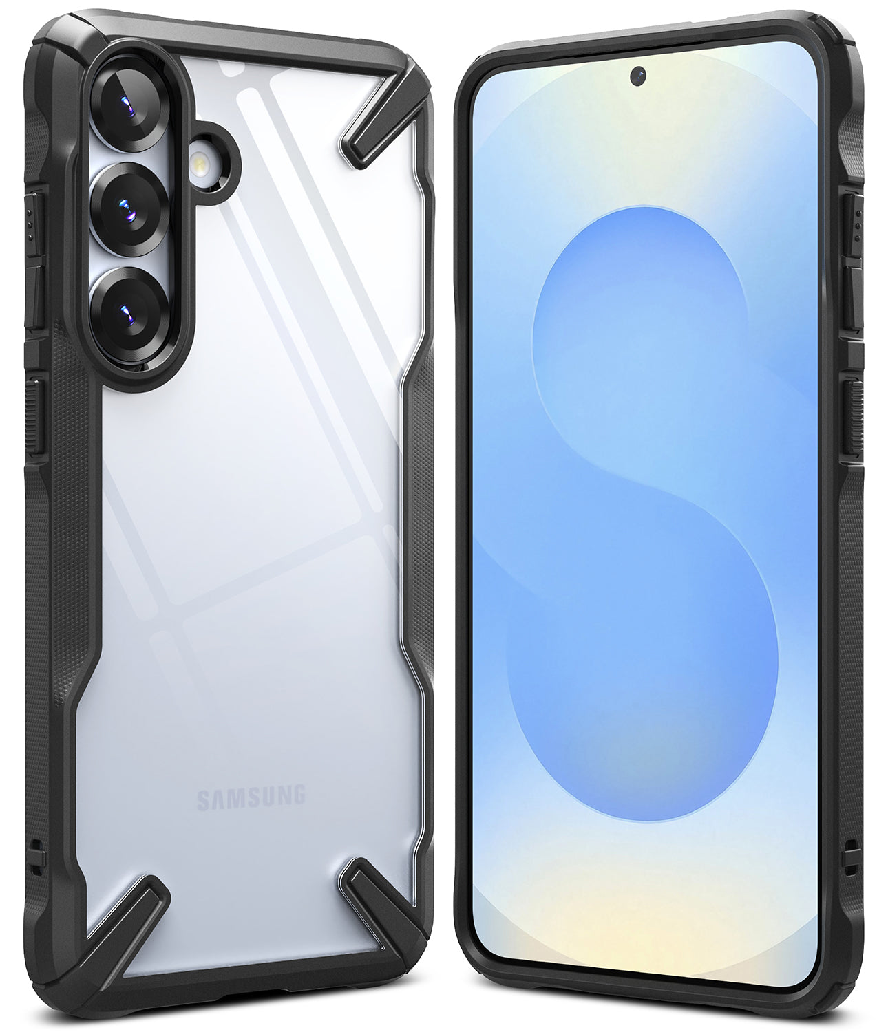 Galaxy S25 Case | Fusion-X - Rugged black and clear protective case shown from front and back on a Galaxy S25 smartphone.