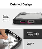 Galaxy S25 Case | Fusion-X - Close-up of phone case cutouts, protective film removal, and wireless charging compatibility icons.
