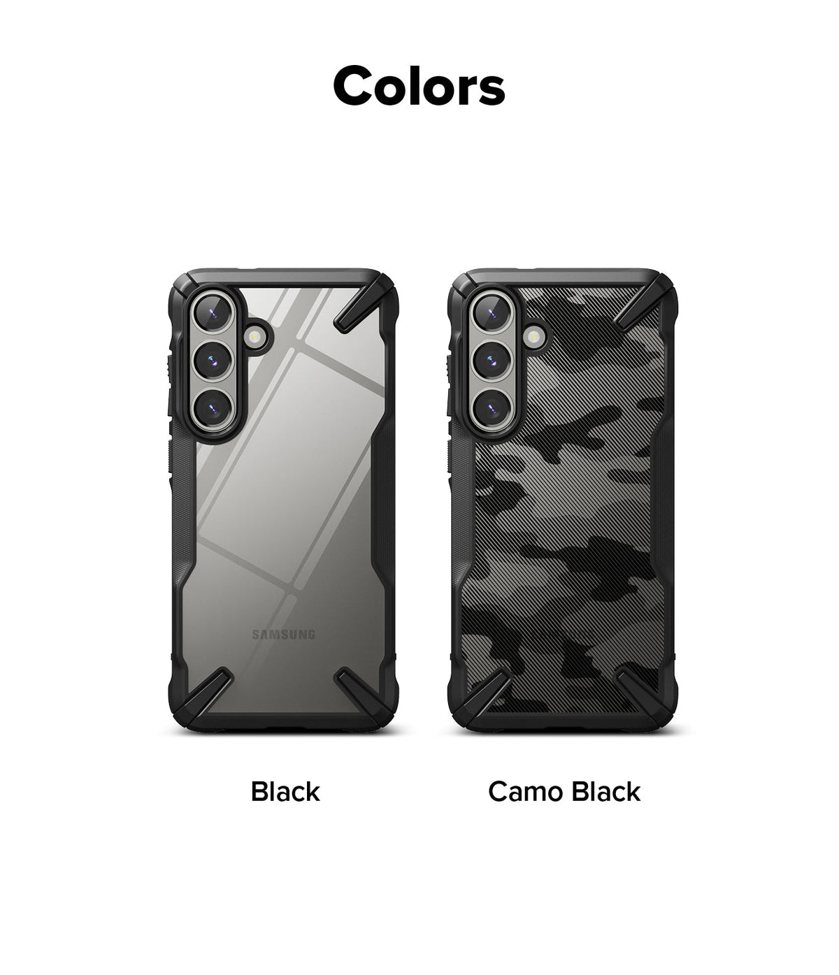 Galaxy S25 Case | Fusion-X - Two Galaxy S25 phones in clear black and camo black Fusion-X cases side by side.