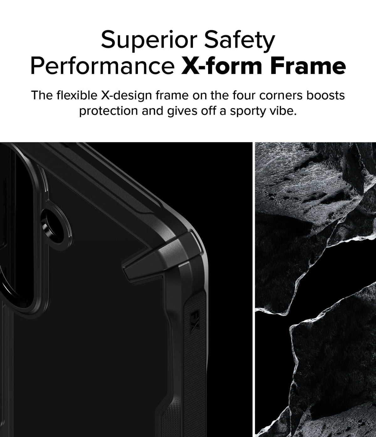 Galaxy S25 Case | Fusion-X - Close-up of a black phone case corner with a reinforced X-design frame next to a textured rock.