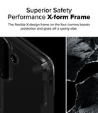 Galaxy S25 Case | Fusion-X - Close-up of a black phone case corner with a reinforced X-design frame next to a textured rock.