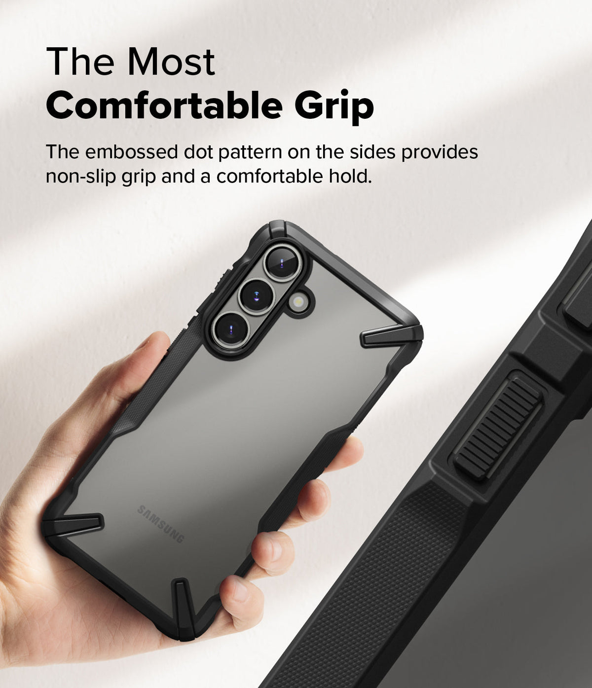 Galaxy S25 Case | Fusion-X - Hand holding a black phone case with a textured, non-slip dot pattern on the side edges.