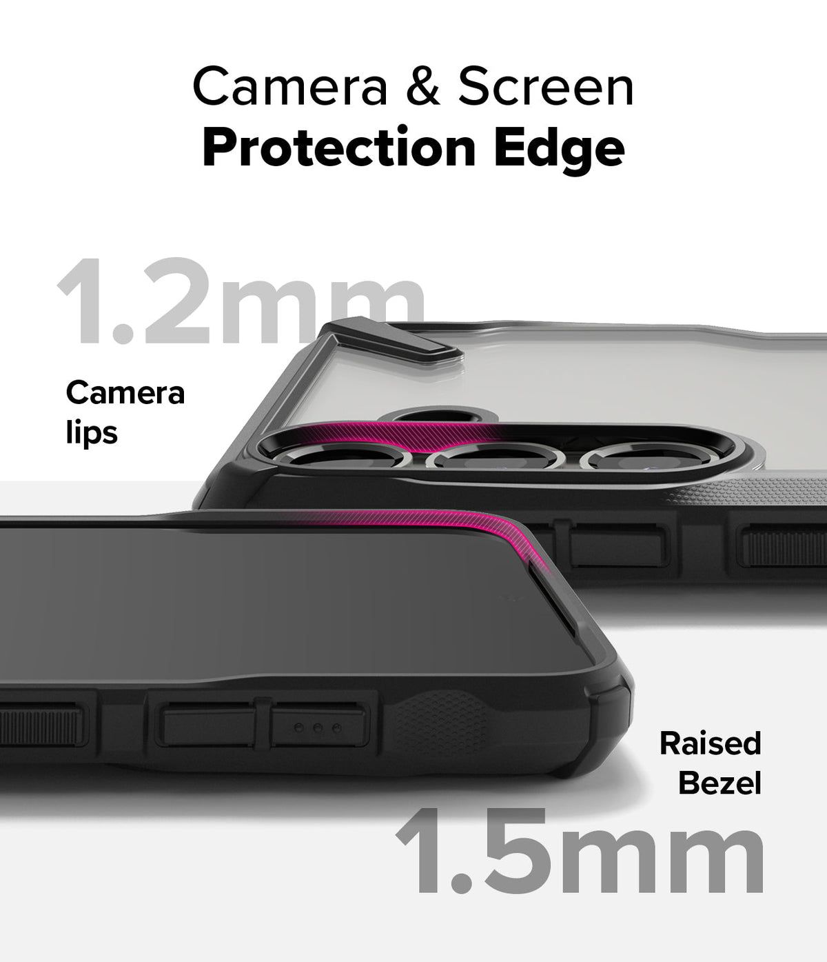 Galaxy S25 Case | Fusion-X - Close-up of phone case showing 1.2mm camera lips and 1.5mm raised screen bezel for protection.