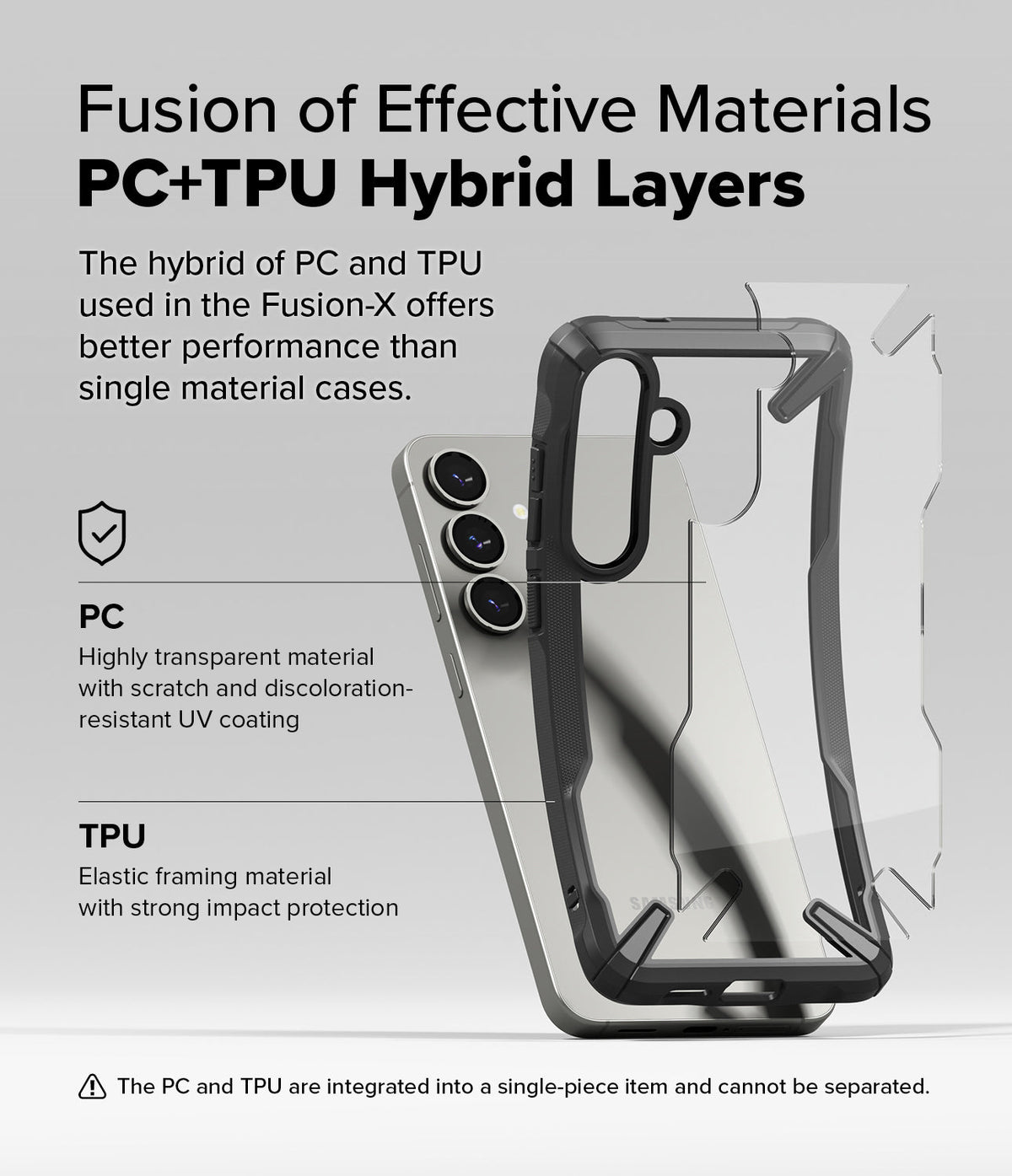 Galaxy S25 Case | Fusion-X - Exploded view of a hybrid PC and TPU phone case protecting a Galaxy S25 smartphone.