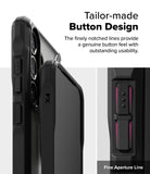 Galaxy S25 Case | Fusion-X - Close-up of black phone case buttons with notched lines for tactile feedback and improved usability.
