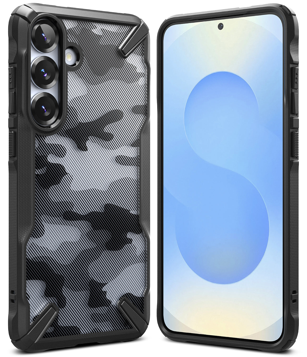 Galaxy S25 Case | Fusion-X - Black camouflage phone case shown from back and front views on a white background.