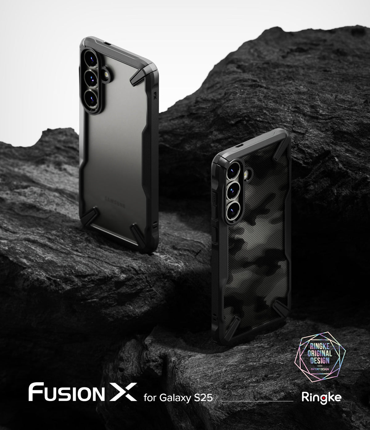 Galaxy S25 Case | Fusion-X - Two Galaxy S25 phones in black Fusion-X cases resting on dark, jagged volcanic rock.
