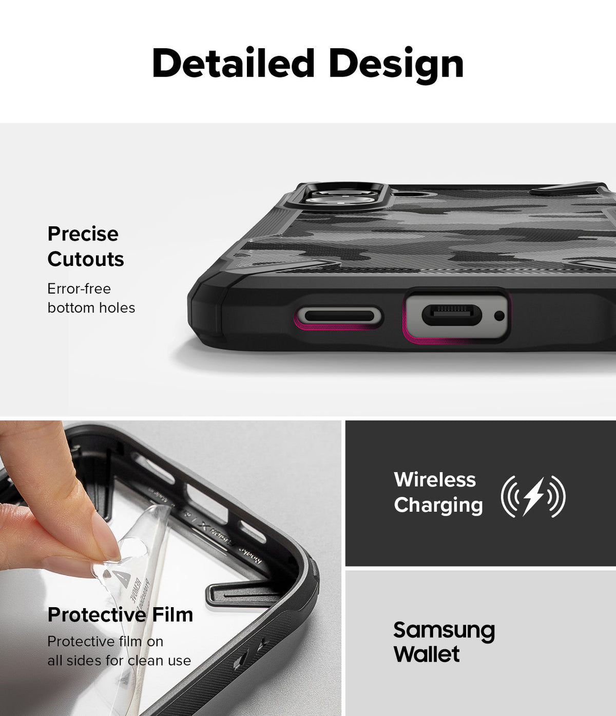 Galaxy S25 Case | Fusion-X - Close-up of phone case cutouts, protective film removal, and wireless charging compatibility icons.